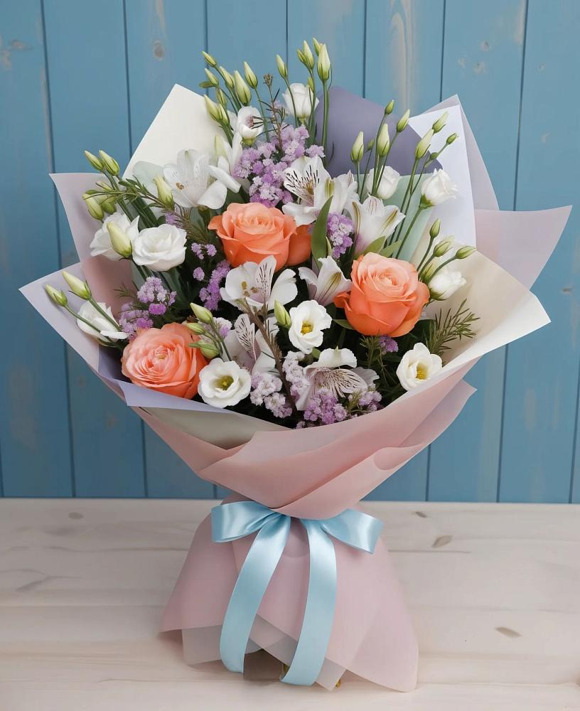 Букет цветов из: Лизиантусы, Розы, Альстромерии и Гипсофила в Калистово