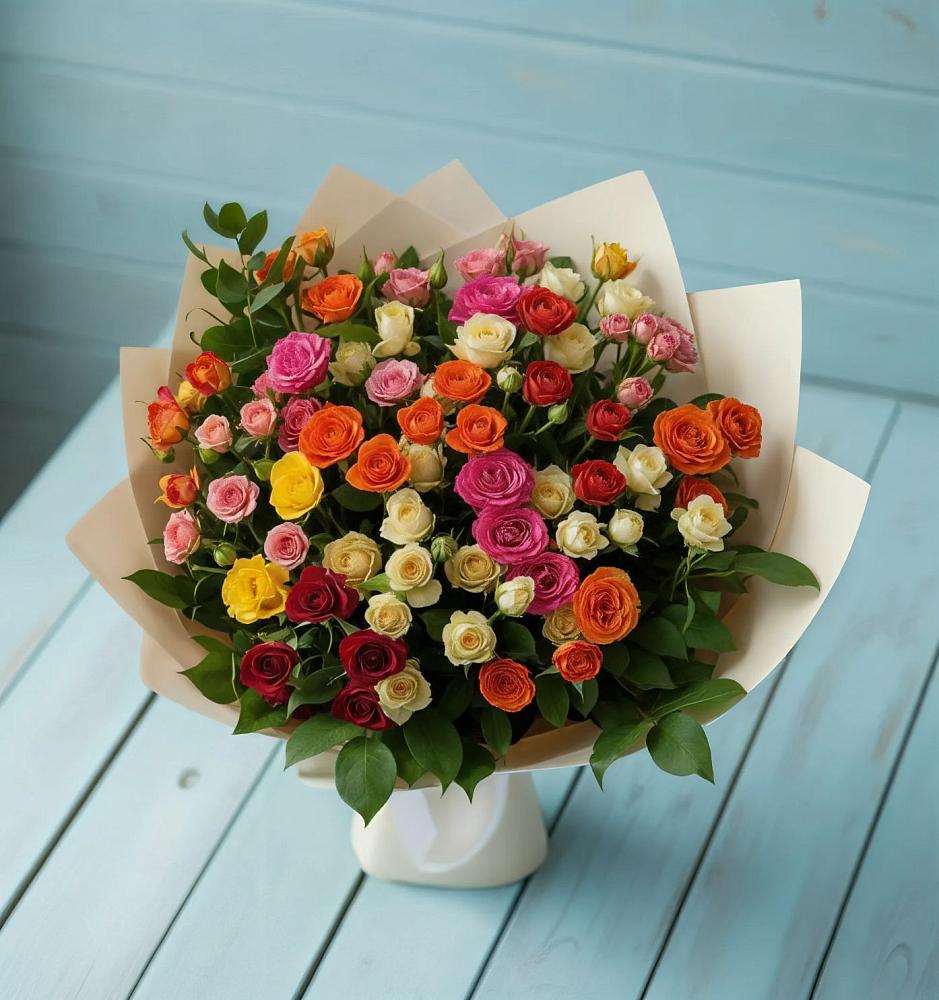 Букет Микс из разноцветных кустовых роз в Калистово