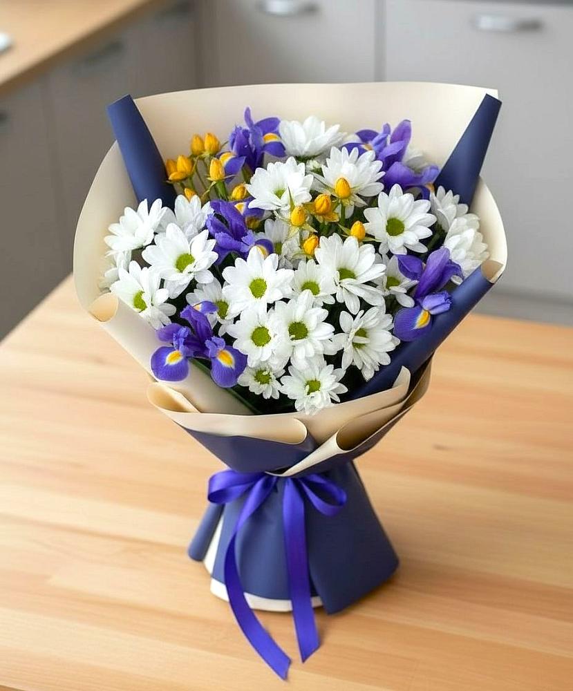 Букет цветов из: Розы, Ирисы и Хризантемы в Калистово